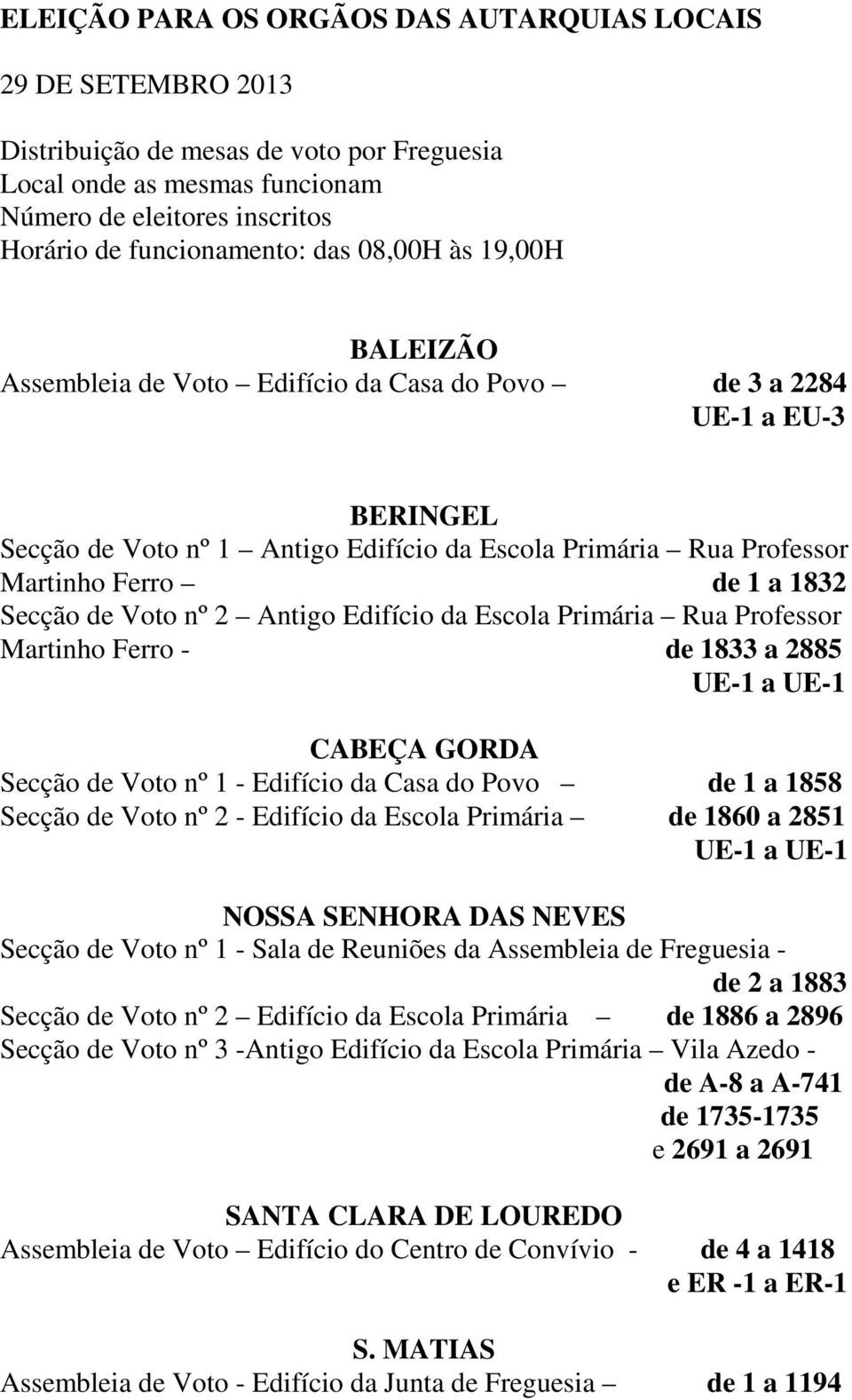 Secção de Voto nº 2 Antigo Edifício da Escola Primária Rua Professor Martinho Ferro - de 1833 a 2885 UE-1 a UE-1 CABEÇA GORDA Secção de Voto nº 1 - Edifício da Casa do Povo de 1 a 1858 Secção de Voto