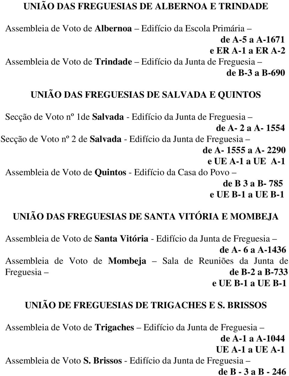 Freguesia de A- 1555 a A- 2290 e UE A-1 a UE A-1 Assembleia de Voto de Quintos - Edifício da Casa do Povo de B 3 a B- 785 e UE B-1 a UE B-1 UNIÃO DAS FREGUESIAS DE SANTA VITÓRIA E MOMBEJA Assembleia