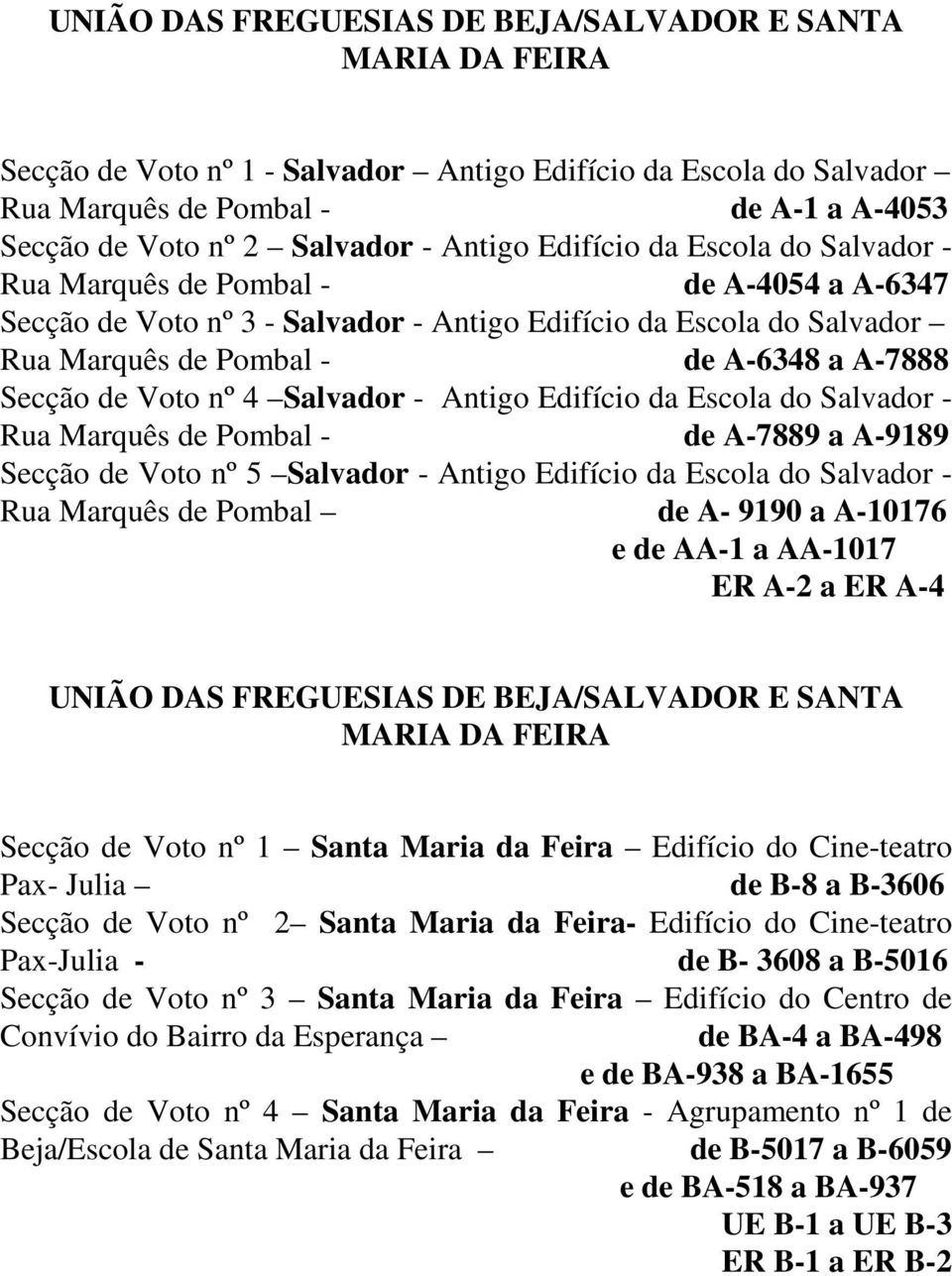 Secção de Voto nº 4 Salvador - Antigo Edifício da Escola do Salvador - Rua Marquês de Pombal - de A-7889 a A-9189 Secção de Voto nº 5 Salvador - Antigo Edifício da Escola do Salvador - Rua Marquês de