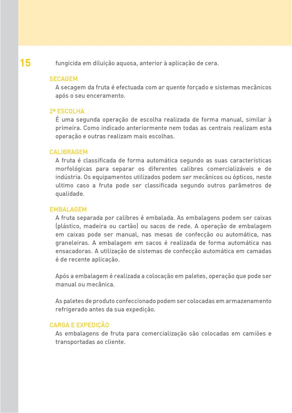 CALIBRAGEM A fruta é classificada de forma automática segundo as suas características morfológicas para separar os diferentes calibres comercializáveis e de indústria.