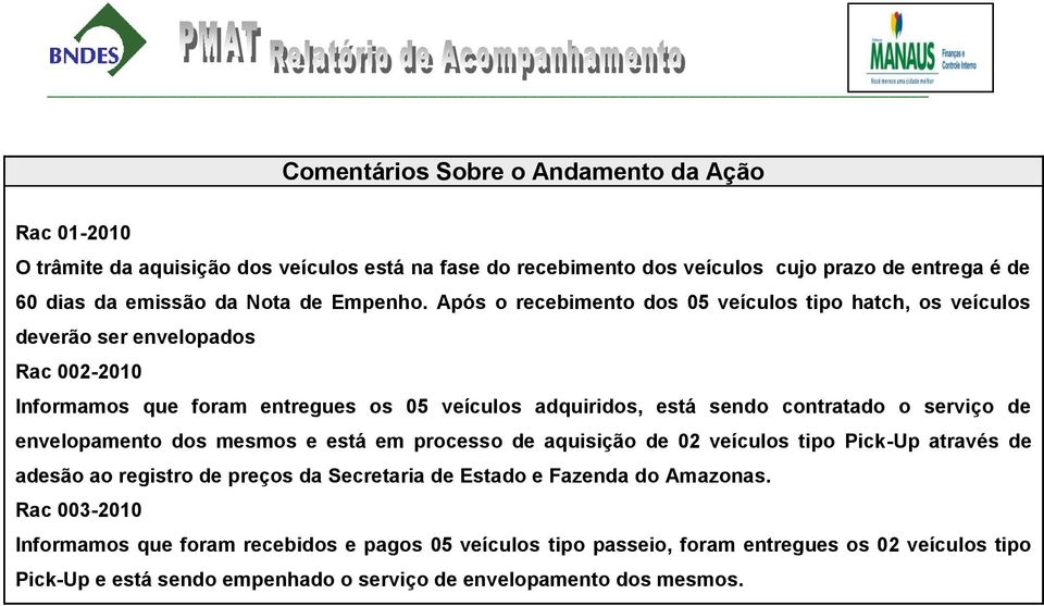 Após o recebimento dos 05 veículos tipo hatch, os veículos deverão ser envelopados Rac 002-2010 Informamos que foram entregues os 05 veículos adquiridos, está sendo contratado o