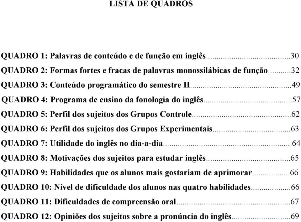 ..62 QUADRO 6: Perfil dos sujeitos dos Grupos Experimentais...63 QUADRO 7: Utilidade do inglês no dia-a-dia...64 QUADRO 8: Motivações dos sujeitos para estudar inglês.