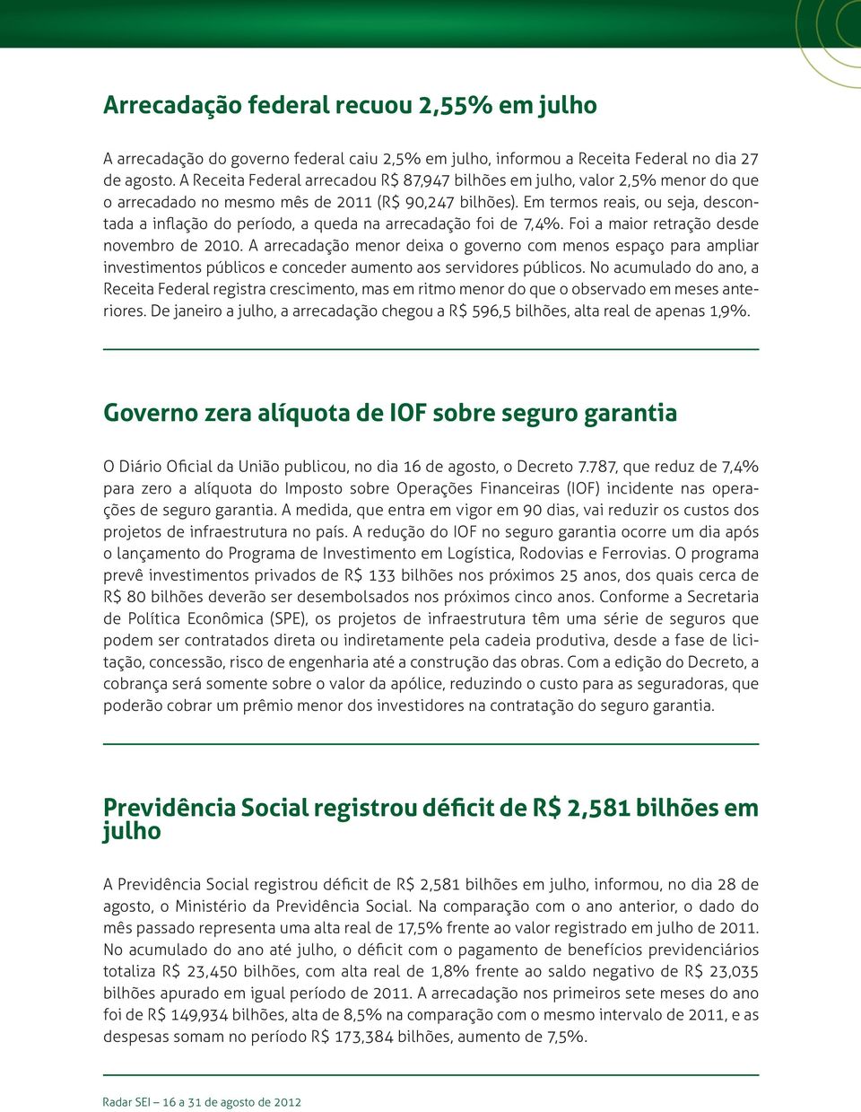 Em termos reais, ou seja, descontada a inflação do período, a queda na arrecadação foi de 7,4%. Foi a maior retração desde novembro de 2010.