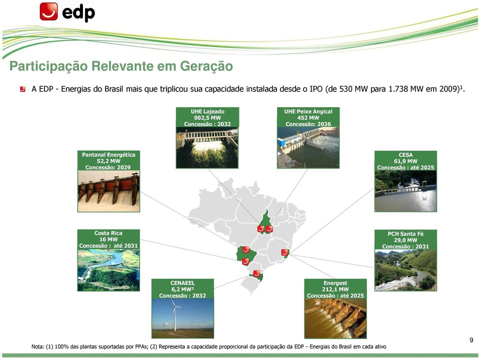 UHE Lajeado 902,5 MW Concessão : 2032 UHE Peixe Angical 452 MW Concessão: 2036 Pantanal Energética 52,2 MW Concessão: 2029 CESA 61,9 MW Concessão : até