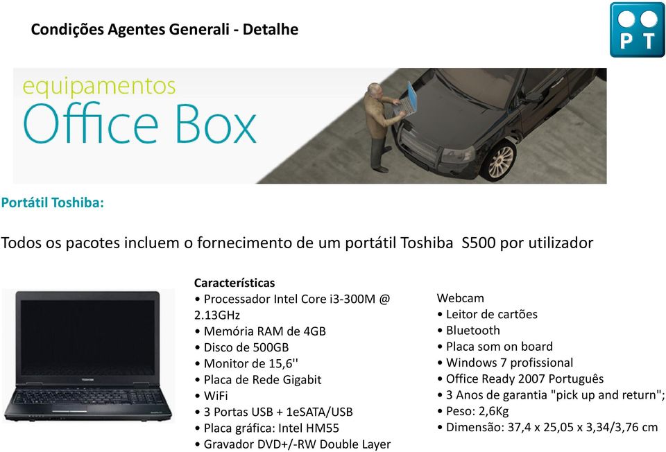 13GHz Memória RAM de 4GB Disco de 500GB Monitor de 15,6'' Placa de Rede Gigabit WiFi 3 Portas USB + 1eSATA/USB Placa gráfica: Intel HM55