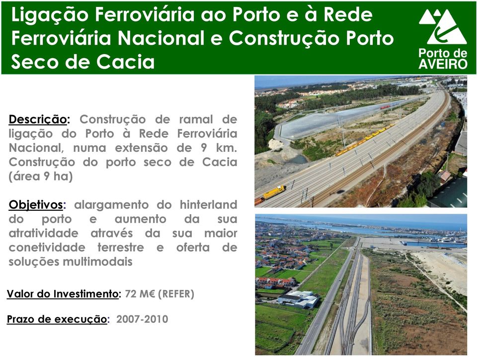 Construção do porto seco de Cacia (área 9 ha) Objetivos: alargamento do hinterland do porto e aumento da sua