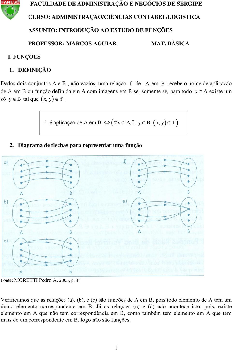 DEFINIÇÃO Ddos dois conjuntos A e B, não vzios, um relção f de A em B recebe o nome de plicção de A em B ou função definid em A com imgens em B se, somente se, pr todo A eiste um só y B, y f.