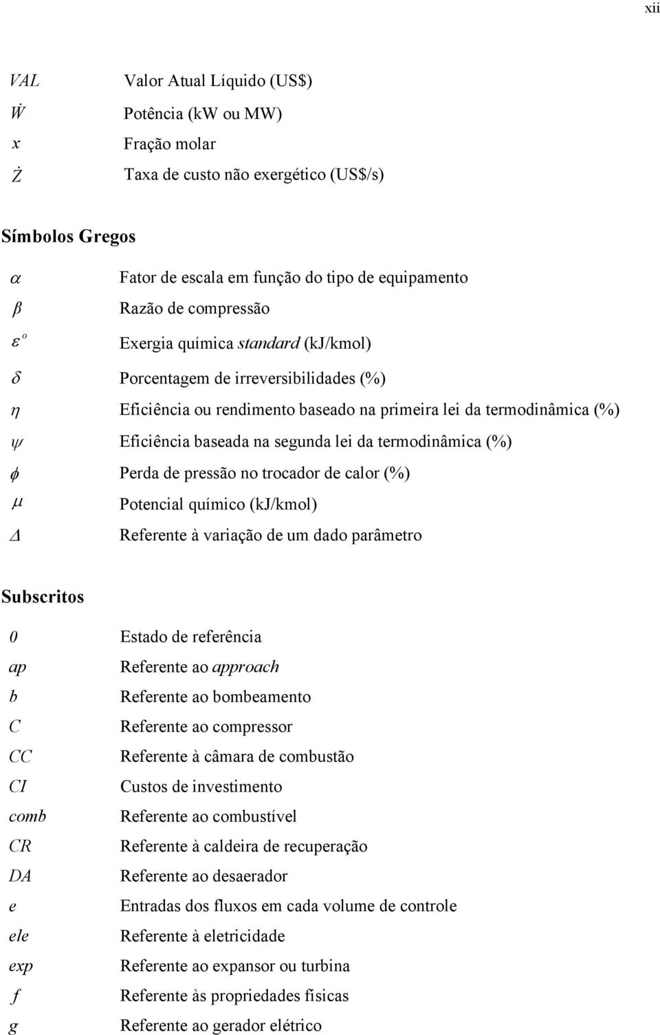 termodinâmia (%) φ Perda de pressão no troador de alor (%) μ Potenial químio (kj/kmol) Δ Referente à variação de um dado parâmetro Subsritos 0 Estado de referênia ap Referente ao approah b Referente