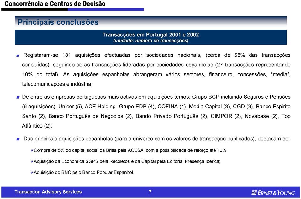 As aquisiçõs spanholas abrangram vários sctors, financiro, concssõs, mdia, tlcomunicaçõs indústria; N D ntr as mprsas portugusas mais activas m aquisiçõs tmos: Grupo BCP incluindo Sguros Pnsõs (6