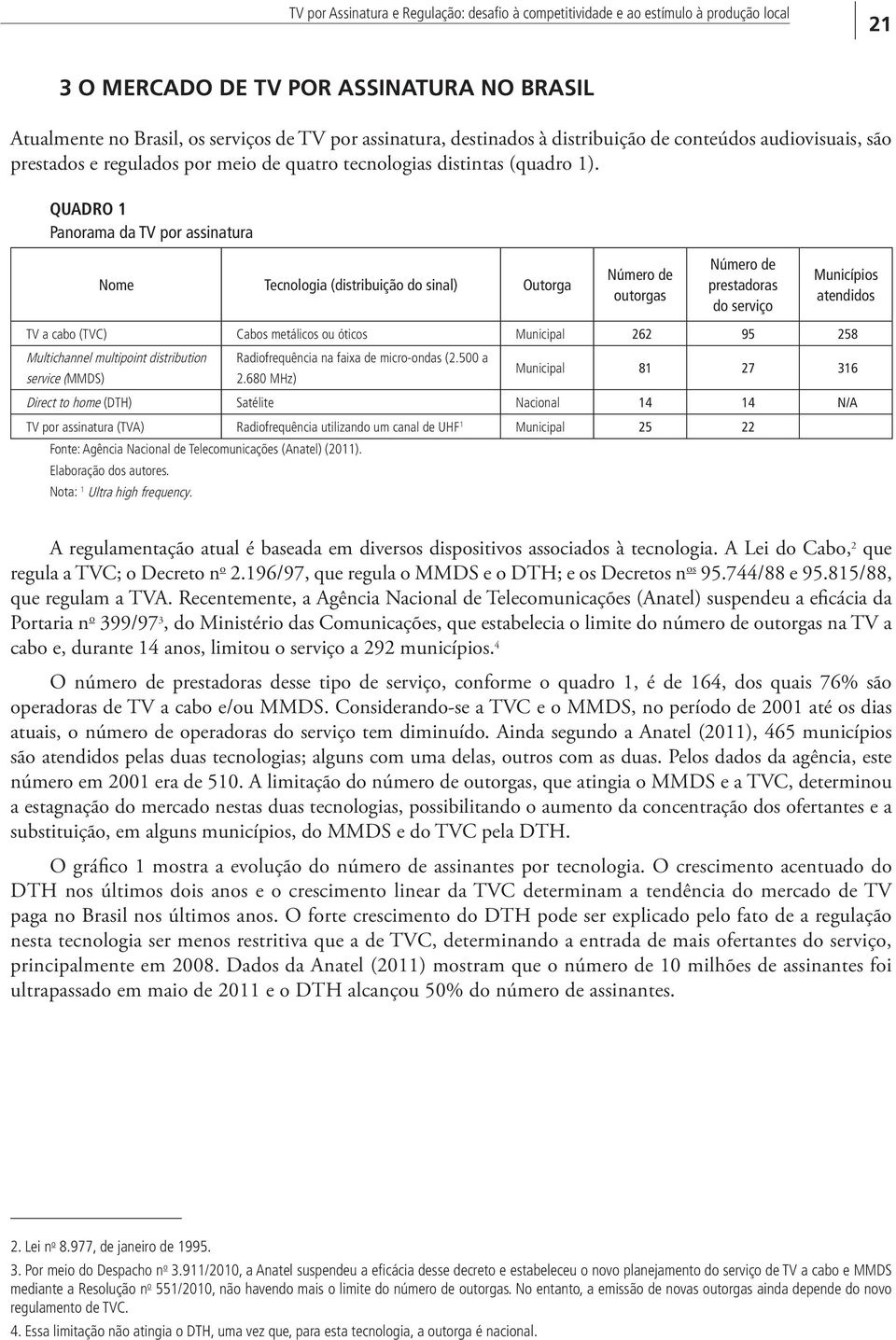 QUADRO 1 Panorama da TV por assinatura Nome Tecnologia (distribuição do sinal) Outorga Número de outorgas Número de prestadoras do serviço Municípios atendidos TV a cabo (TVC) Cabos metálicos ou