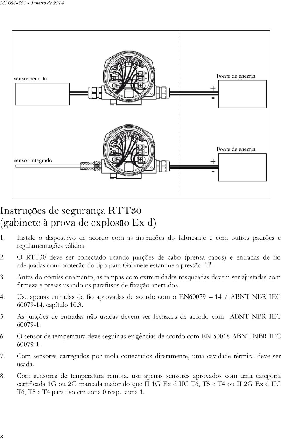 O RTT30 deve ser conectado usando junções de cabo (prensa cabos) e entradas de fio adequadas com proteção do tipo para Gabinete estanque a pressão "d". 3.