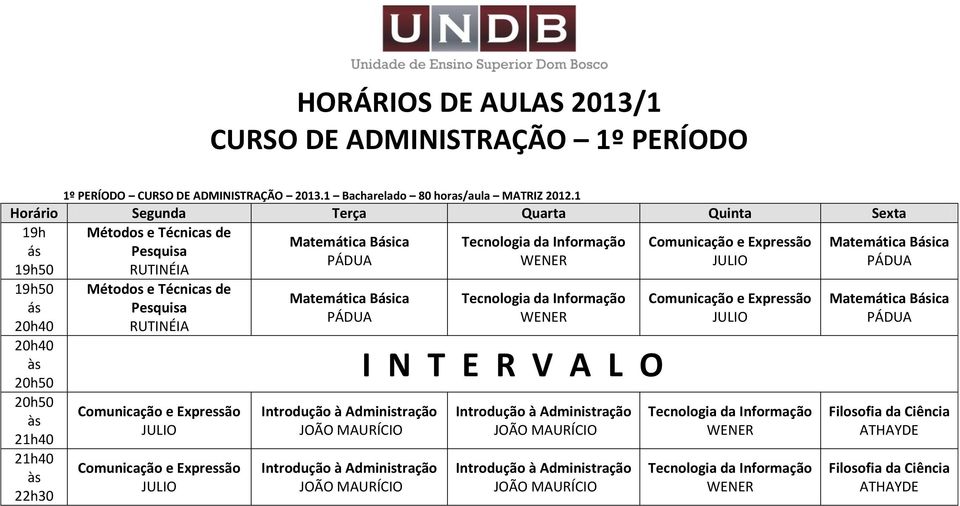 Expressão JULIO Comunicação e Expressão JULIO Matemática Bica PÁDUA Introdução à Administração Introdução à Administração Tecnologia da Informação WENER Introdução à