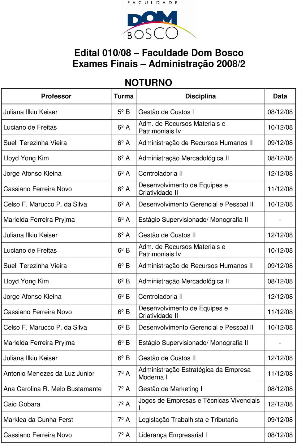 da Silva 6º A Desenvolvimento Gerencial e Pessoal Marielda Ferreira Pryjma 6º A Estágio Supervisionado/ Monografia - Juliana lkiu Keiser 6º A Gestão de Custos Luciano de Freitas 6º B Patrimoniais v