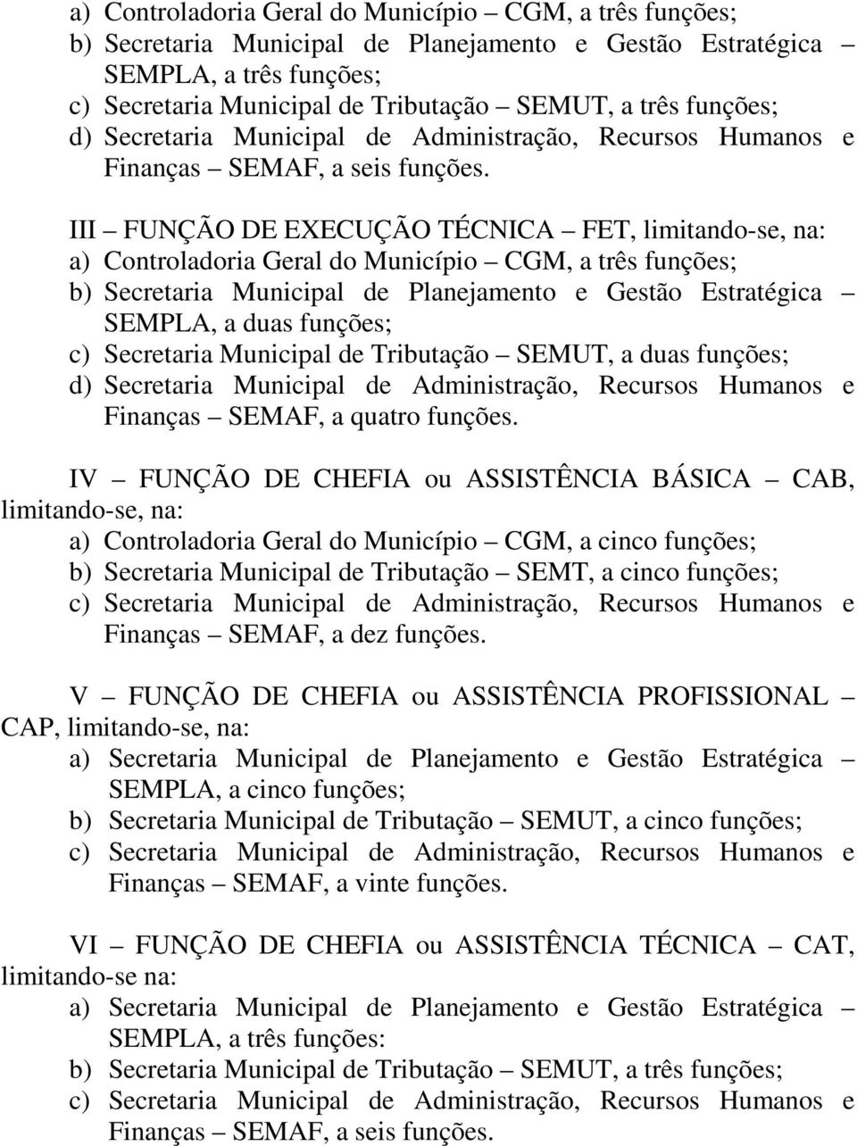 III FUNÇÃO DE EXECUÇÃO TÉCNICA FET, limitando-se, na: a) Controladoria Geral do Município CGM, a três funções; b) Secretaria Municipal de Planejamento e Gestão Estratégica SEMPLA, a duas funções; c)