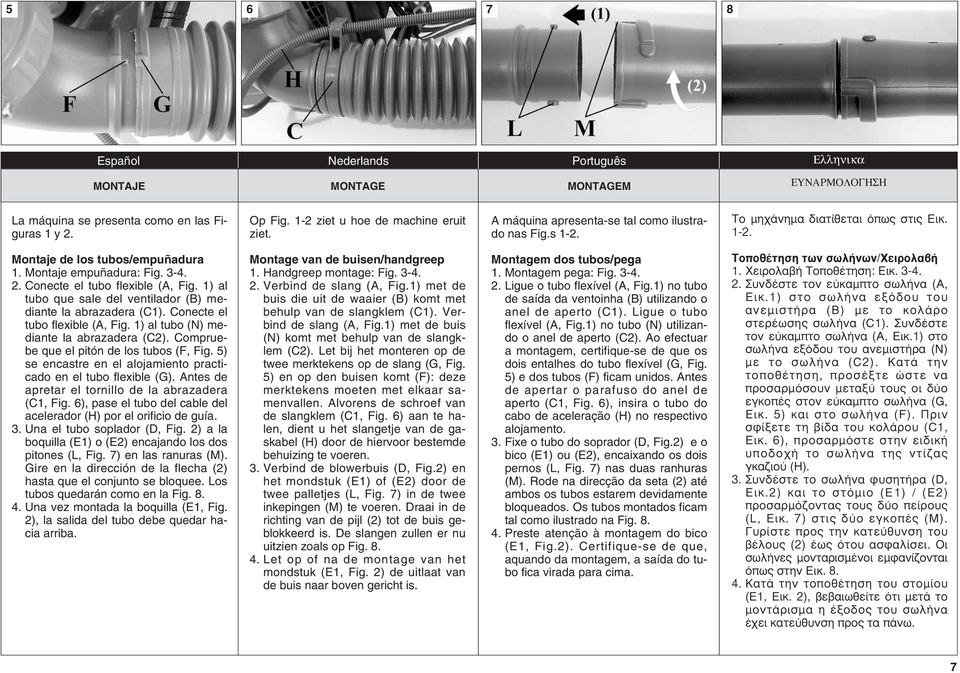 1) al tubo que sale del ventilador (B) mediante la abrazadera (C1). Conecte el tubo flexible (A, Fig. 1) al tubo (N) mediante la abrazadera (C2). Compruebe que el pitón de los tubos (F, Fig.