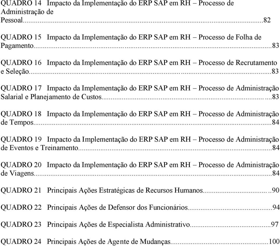 ..83 QUADRO 17 Impacto da Implementação do ERP SAP em RH Processo de Administração Salarial e Planejamento de Custos.