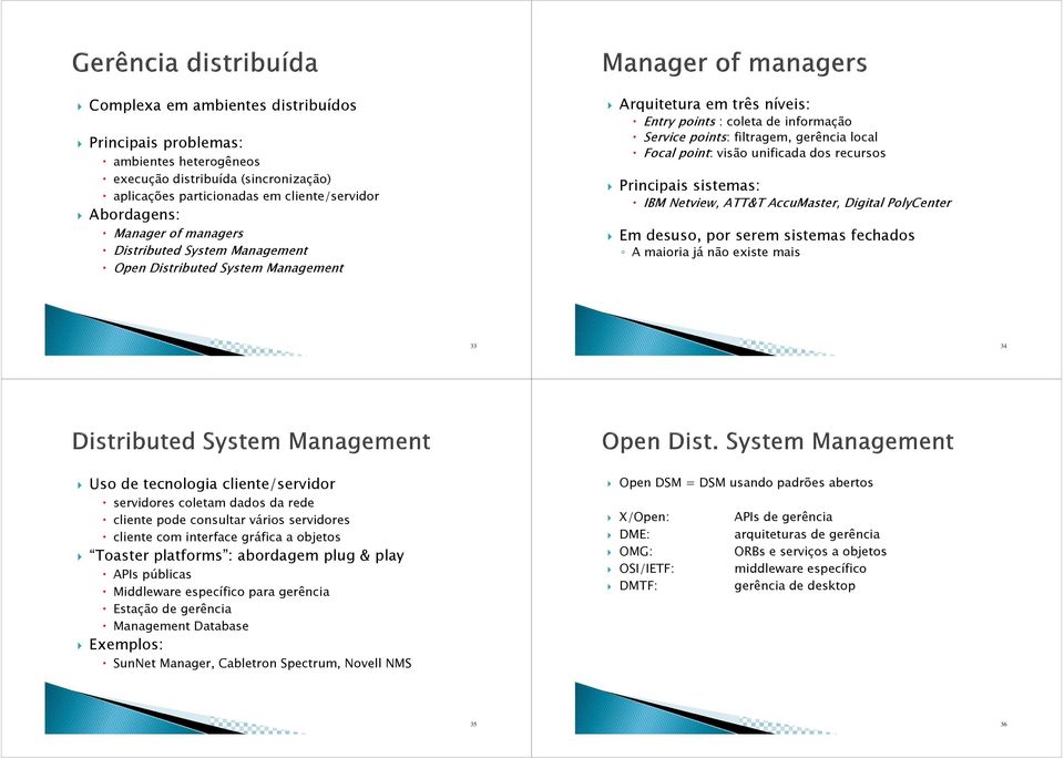 dos recursos Principais sistemas: IBM Netview, ATT&T AccuMaster, Digital PolyCenter Em desuso, por serem sistemas fechados A maioria já não existe mais 33 34 Uso de tecnologia cliente/servidor