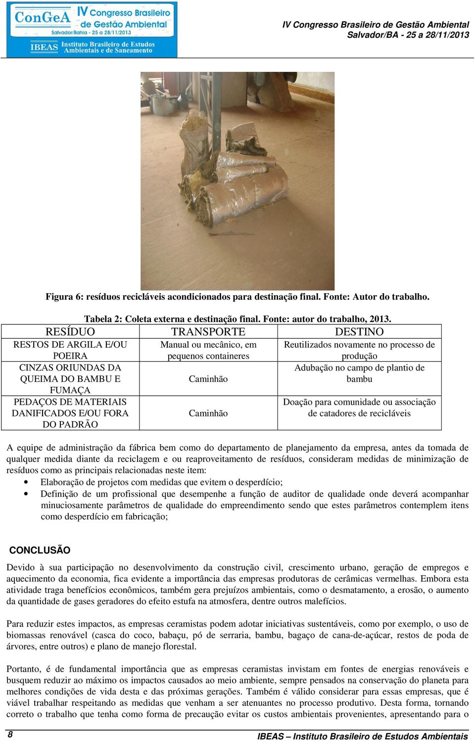 RESÍDUO TRANSPORTE DESTINO RESTOS DE ARGILA E/OU POEIRA CINZAS ORIUNDAS DA QUEIMA DO BAMBU E FUMAÇA PEDAÇOS DE MATERIAIS DANIFICADOS E/OU FORA DO PADRÃO Manual ou mecânico, em pequenos containeres