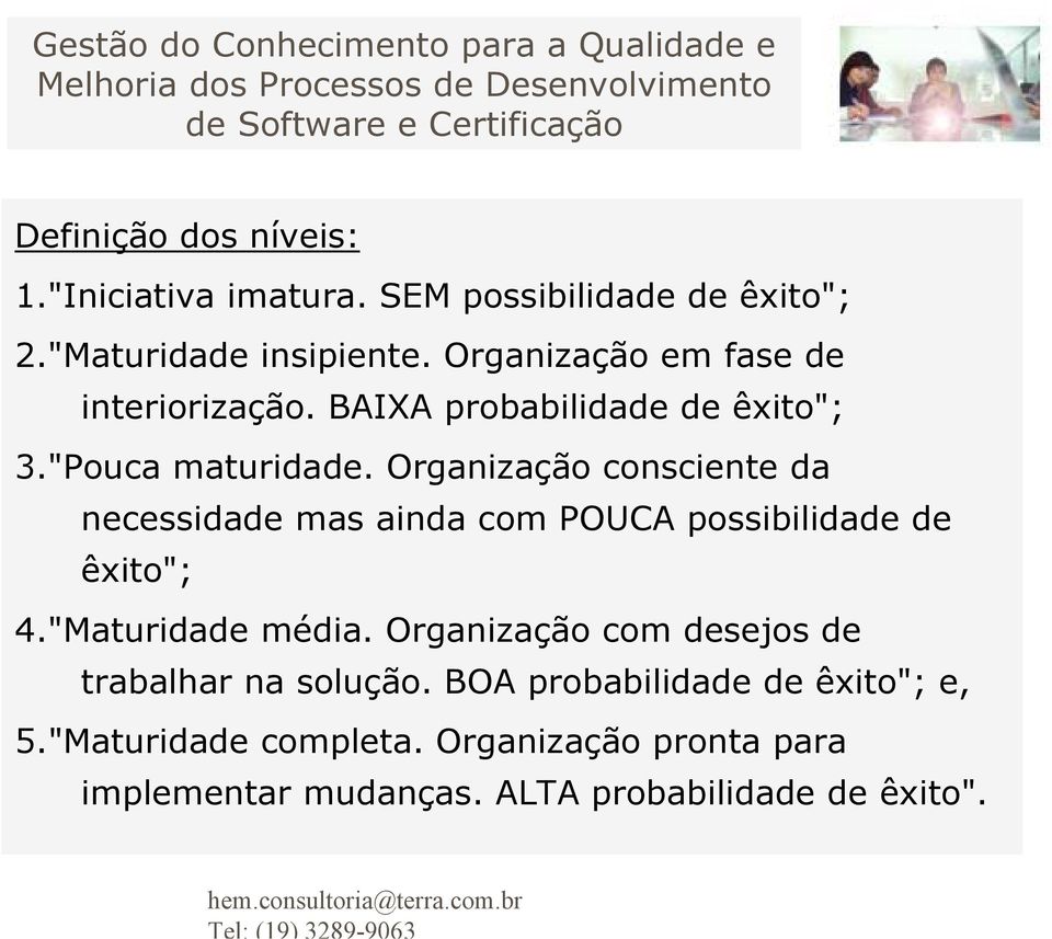 Organização consciente da necessidade mas ainda com POUCA possibilidade de êxito"; 4."Maturidade média.