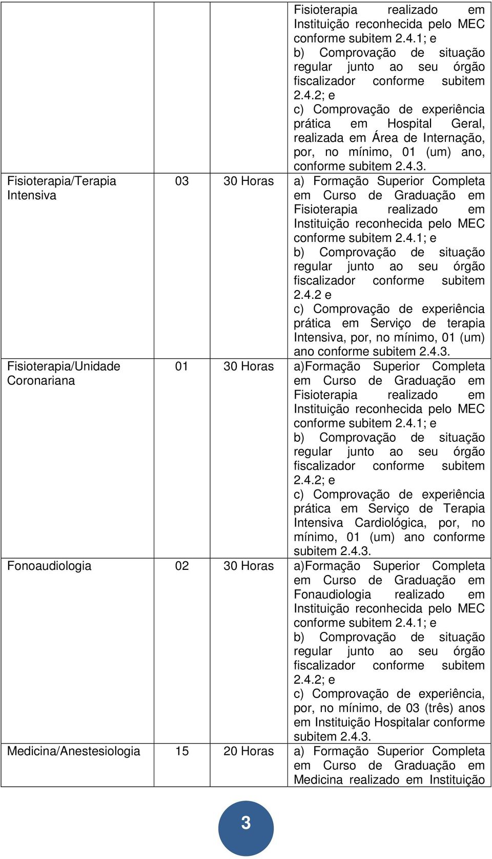 4.3. 01 30 Horas a)formação Superior Completa Fisioterapia realizado em conforme c) Comprovação de experiência prática em Serviço de Terapia Intensiva Cardiológica, por, no mínimo, 01 (um) ano