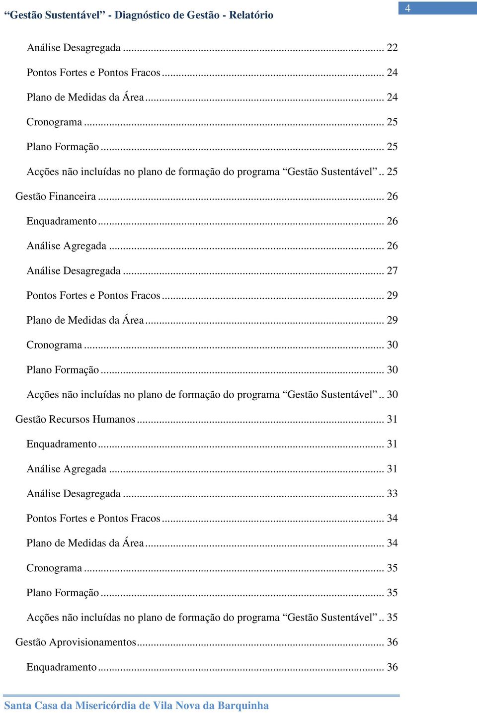 .. 27 Pontos Fortes e Pontos Fracos... 29 Plano de Medidas da Área... 29 Cronograma... 30 Plano Formação... 30 Acções não incluídas no plano de formação do programa Gestão Sustentável.