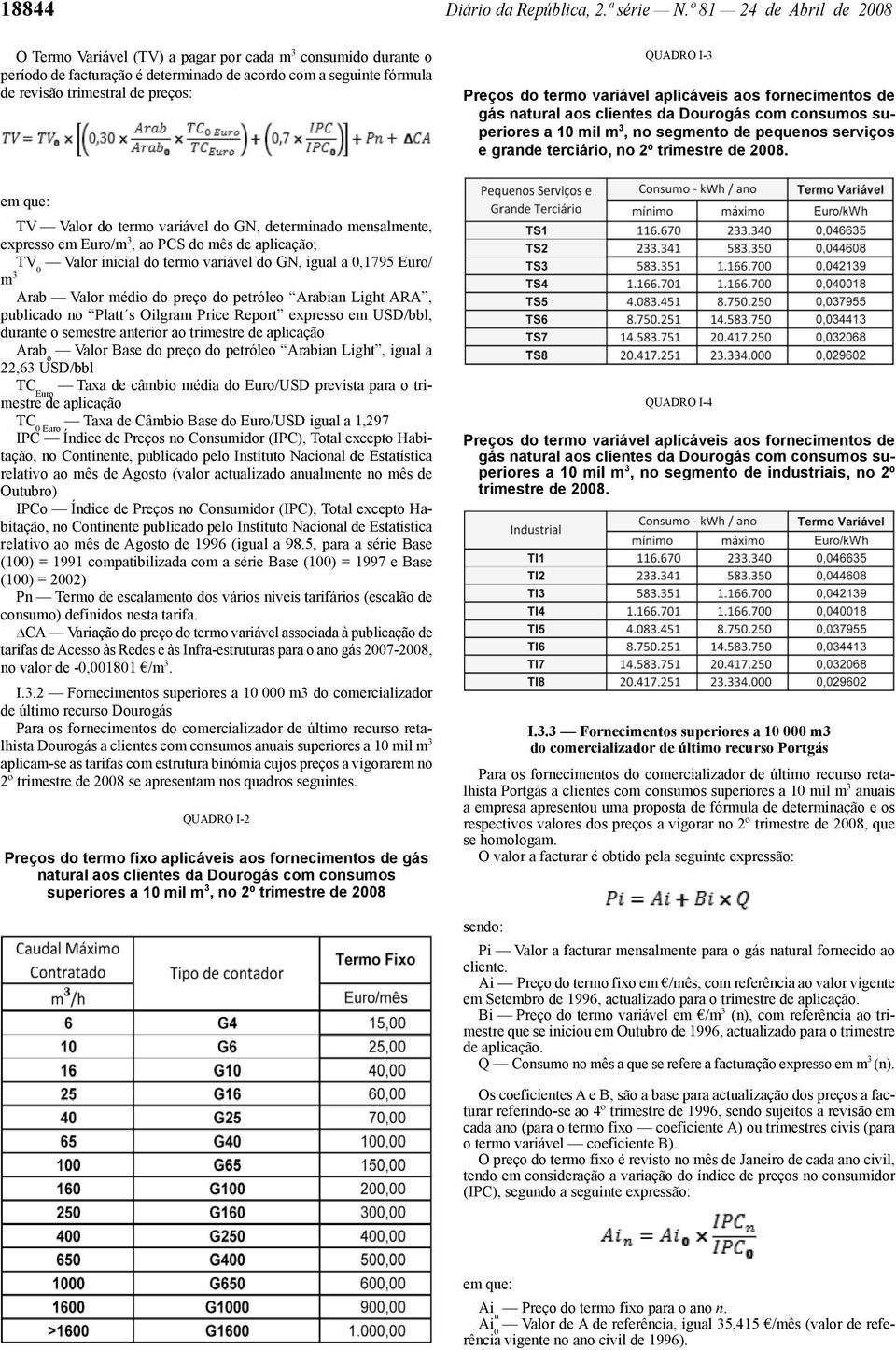 -3 Preços do termo variável aplicáveis aos fornecimentos de gás natural aos clientes da Dourogás com consumos superiores a 10 mil m 3, no segmento de pequenos serviços e grande terciário,.