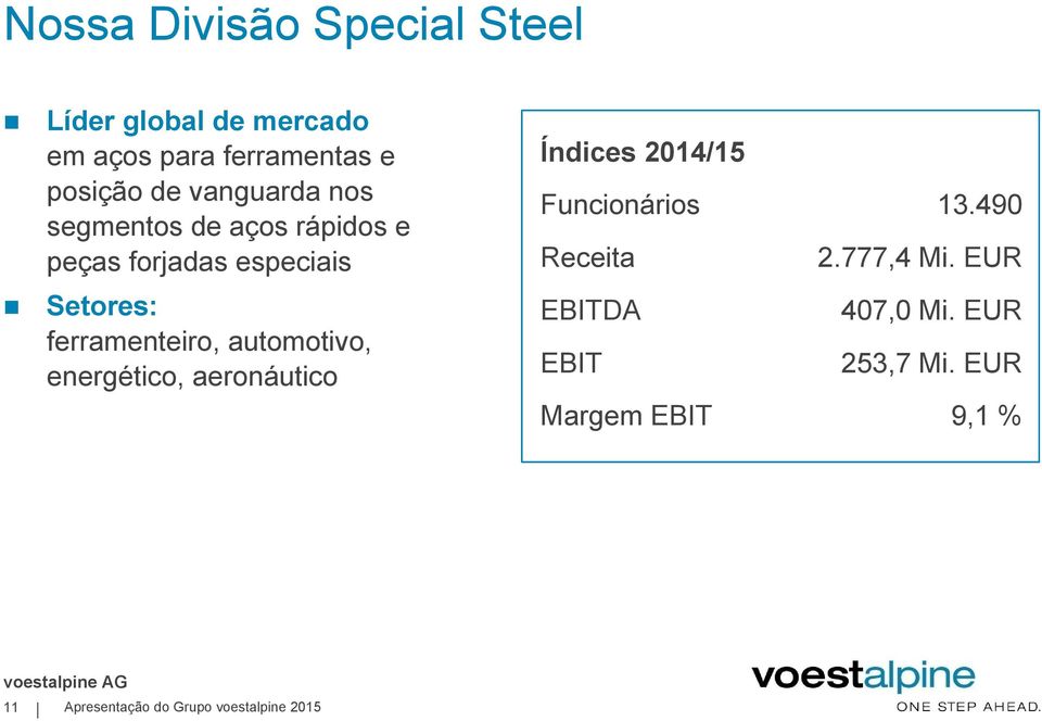 automotivo, energético, aeronáutico Índices 2014/15 Funcionários 13.490 Receita 2.777,4 Mi.