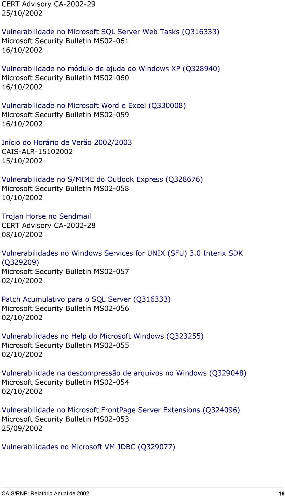 CAIS-ALR-15102002 15/10/2002 Vulnerabilidade no S/MIME do Outlook Express (Q328676) Microsoft Security Bulletin MS02-058 10/10/2002 Trojan Horse no Sendmail CERT Advisory CA-2002-28 08/10/2002