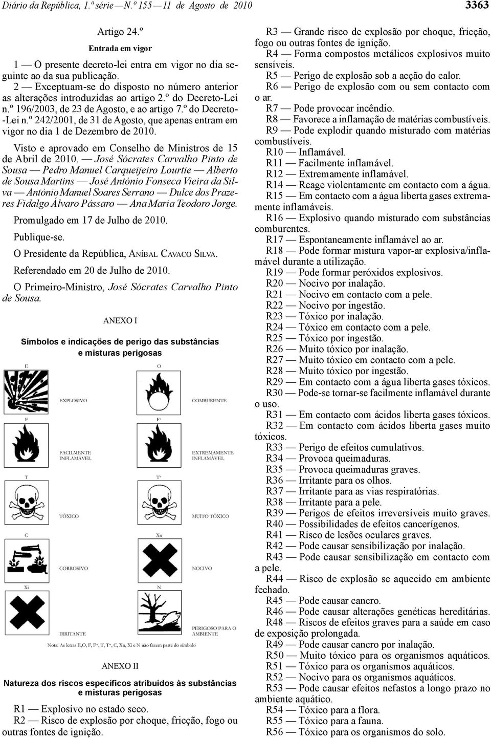 º 242/2001, de 31 de Agosto, que apenas entram em vigor no dia 1 de Dezembro de 2010. Visto e aprovado em Conselho de Ministros de 15 de Abril de 2010.