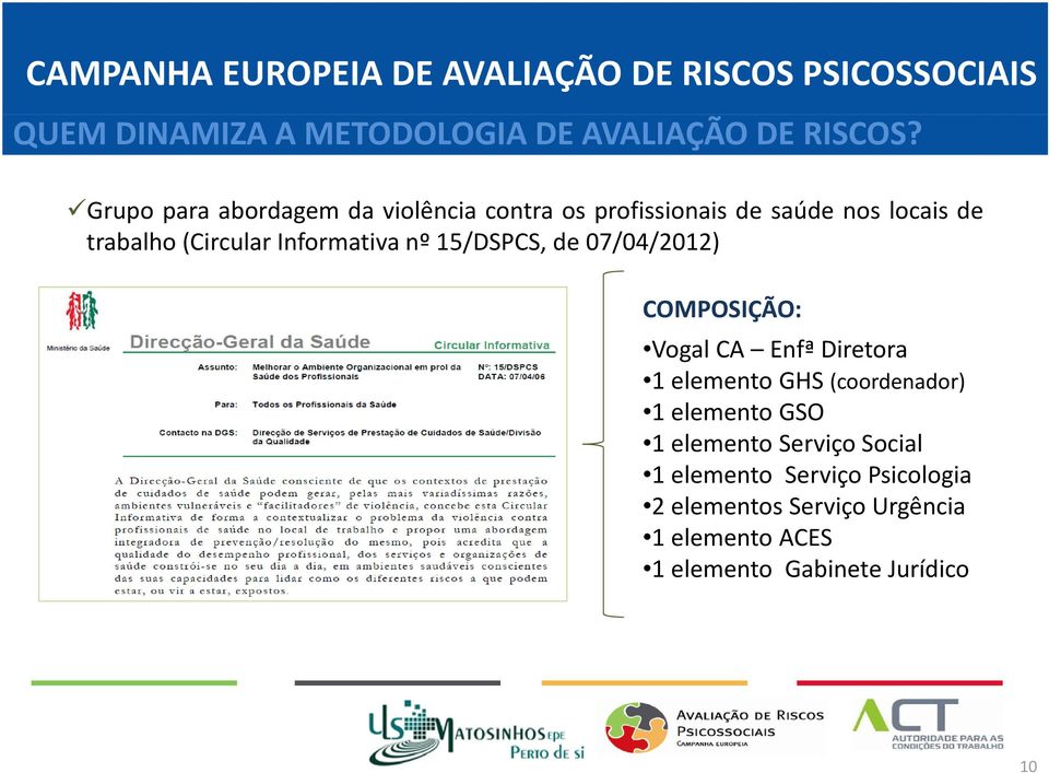 Informativa nº 15/DSPCS, de 07/04/2012) COMPOSIÇÃO: Vogal CA Enfª Diretora 1 elemento GHS
