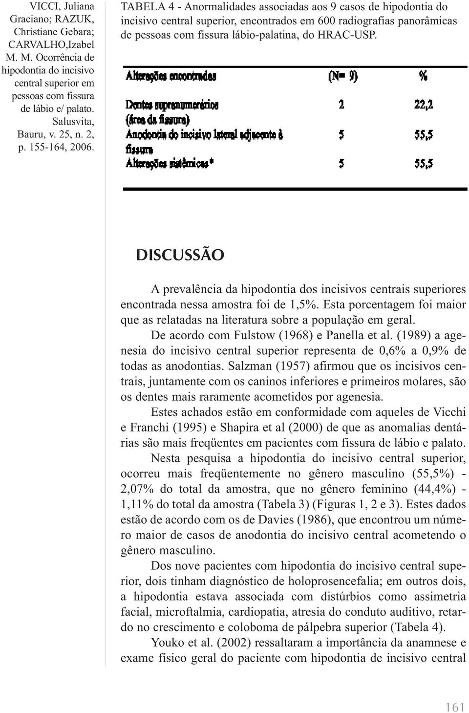De acordo com Fulstow (1968) e Panella et al. (1989) a agenesia do incisivo central superior representa de 0,6% a 0,9% de todas as anodontias.
