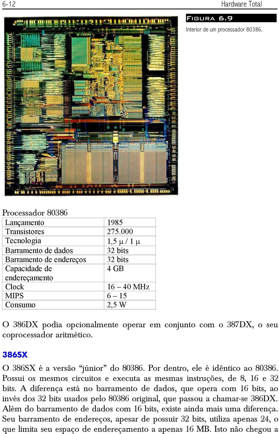 000 1,5 / 1 bits bits 4 GB 16 40 MHz 6 15 2,5 W O 386DX podia opcionalmente operar em conjunto com o 387DX, o seu coprocessador aritmético. 386SX O 386SX é a versão júnior do 80386.