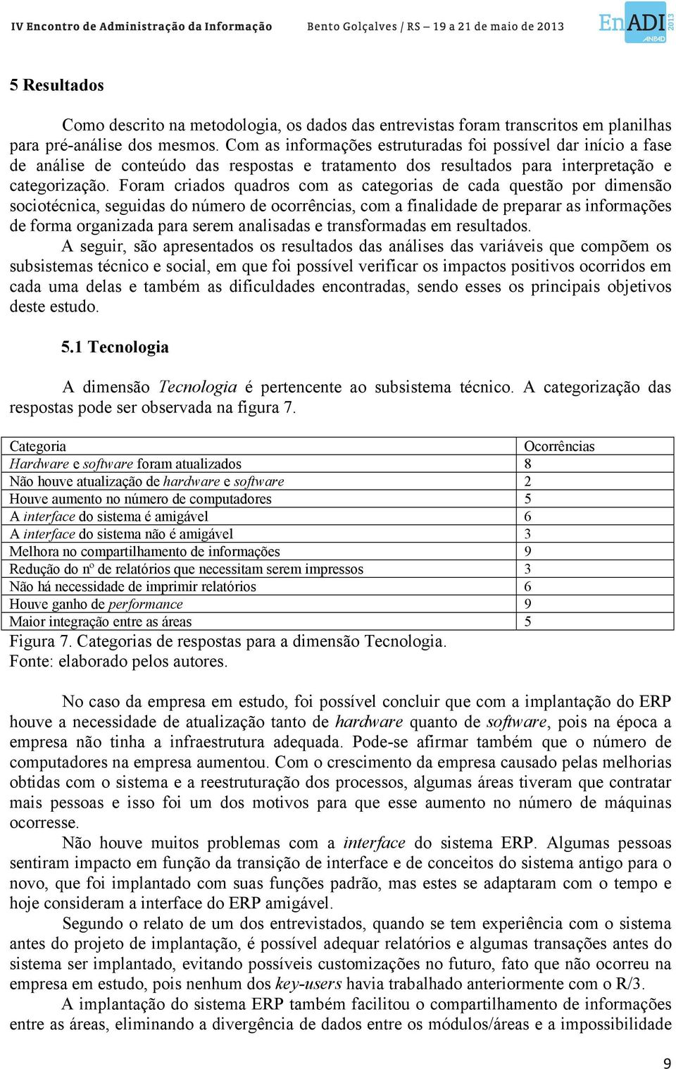 Foram criados quadros com as categorias de cada questão por dimensão sociotécnica, seguidas do número de ocorrências, com a finalidade de preparar as informações de forma organizada para serem