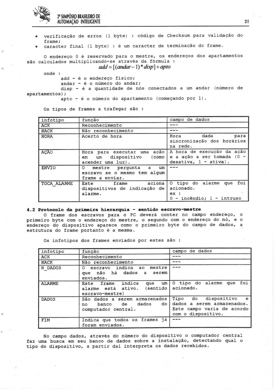 add= [(andar-l)*disp]+apto onde add - é o endereço físico; andar - é o número do andar; _ disp - é a quantidade de nós conectados a um andar (número de apartamentos) ; apto - é o número do