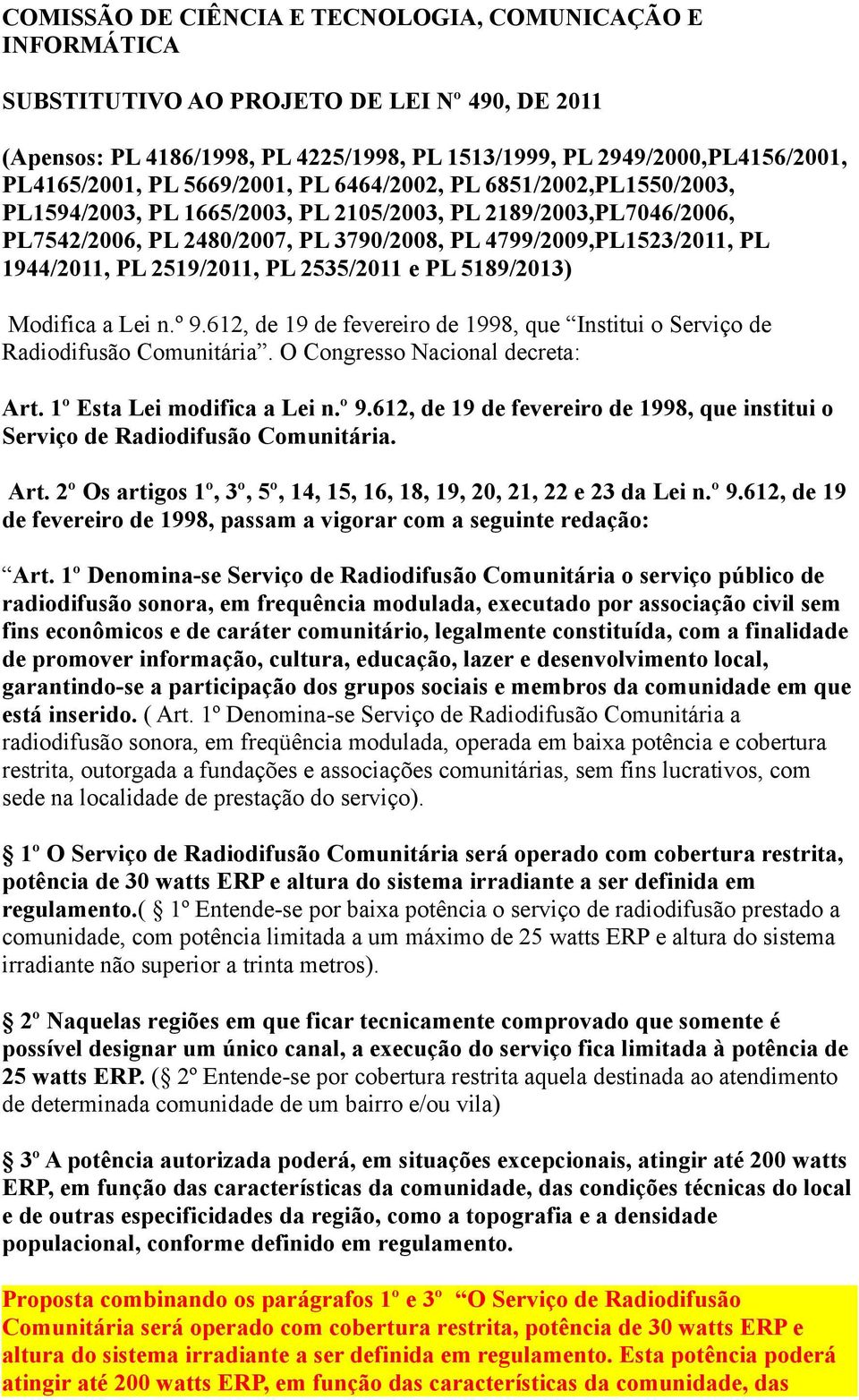 1944/2011, PL 2519/2011, PL 2535/2011 e PL 5189/2013) Modifica a Lei n.º 9.612, de 19 de fevereiro de 1998, que Institui o Serviço de Radiodifusão Comunitária. O Congresso Nacional decreta: Art.