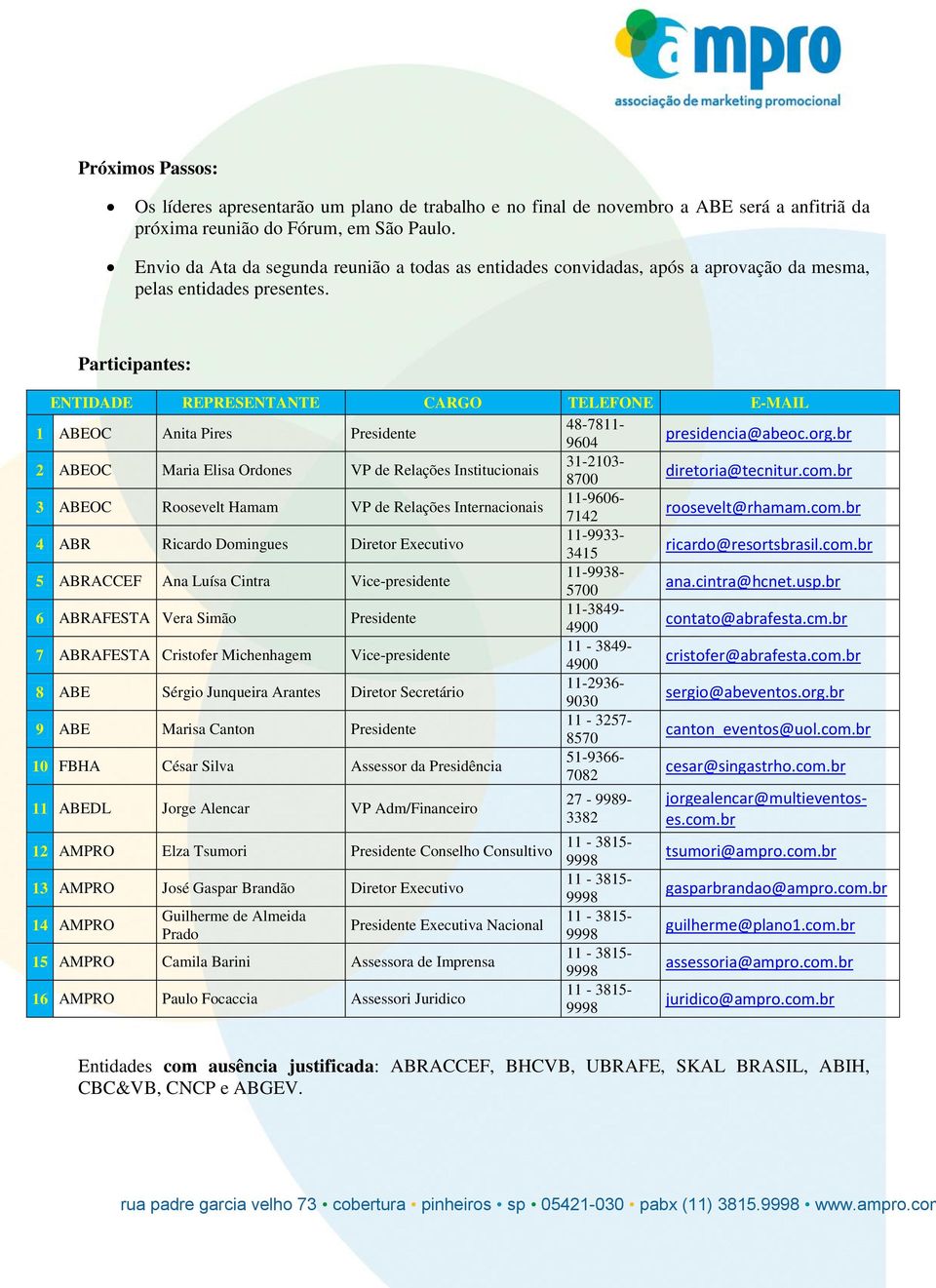 Participantes: ENTIDADE REPRESENTANTE CARGO TELEFONE E-MAIL 1 ABEOC Anita Pires Presidente 48-7811- 9604 presidencia@abeoc.org.