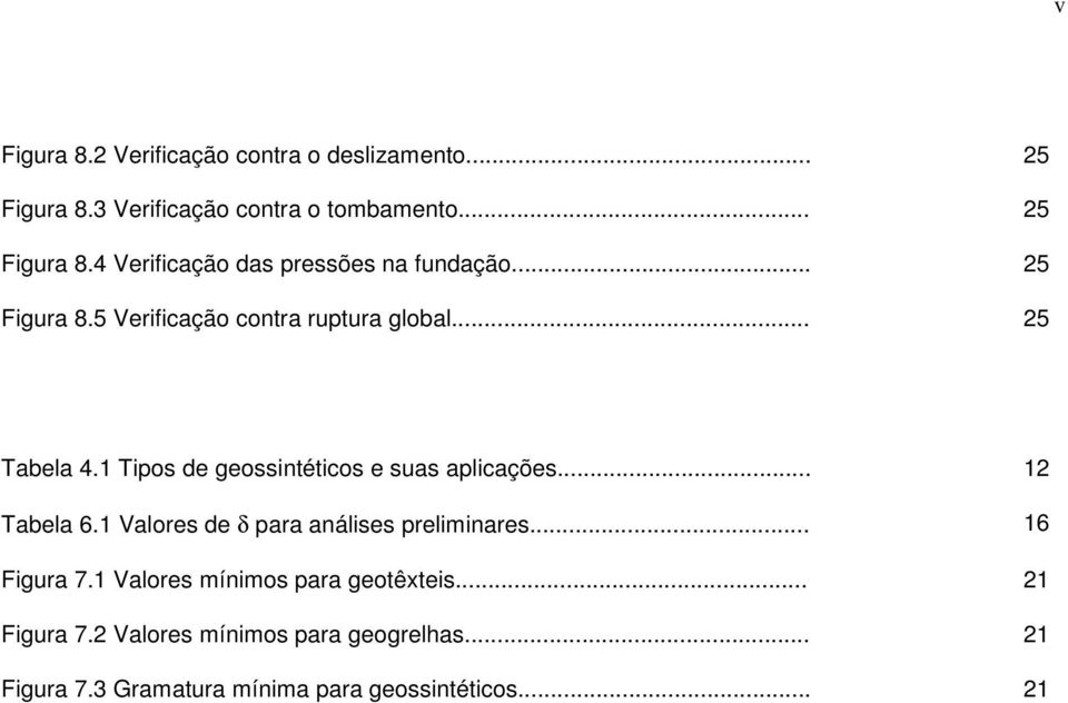 .. 12 Tabela 6.1 Valores de δ para análises preliminares... 16 Figura 7.1 Valores mínimos para geotêxteis... 21 Figura 7.