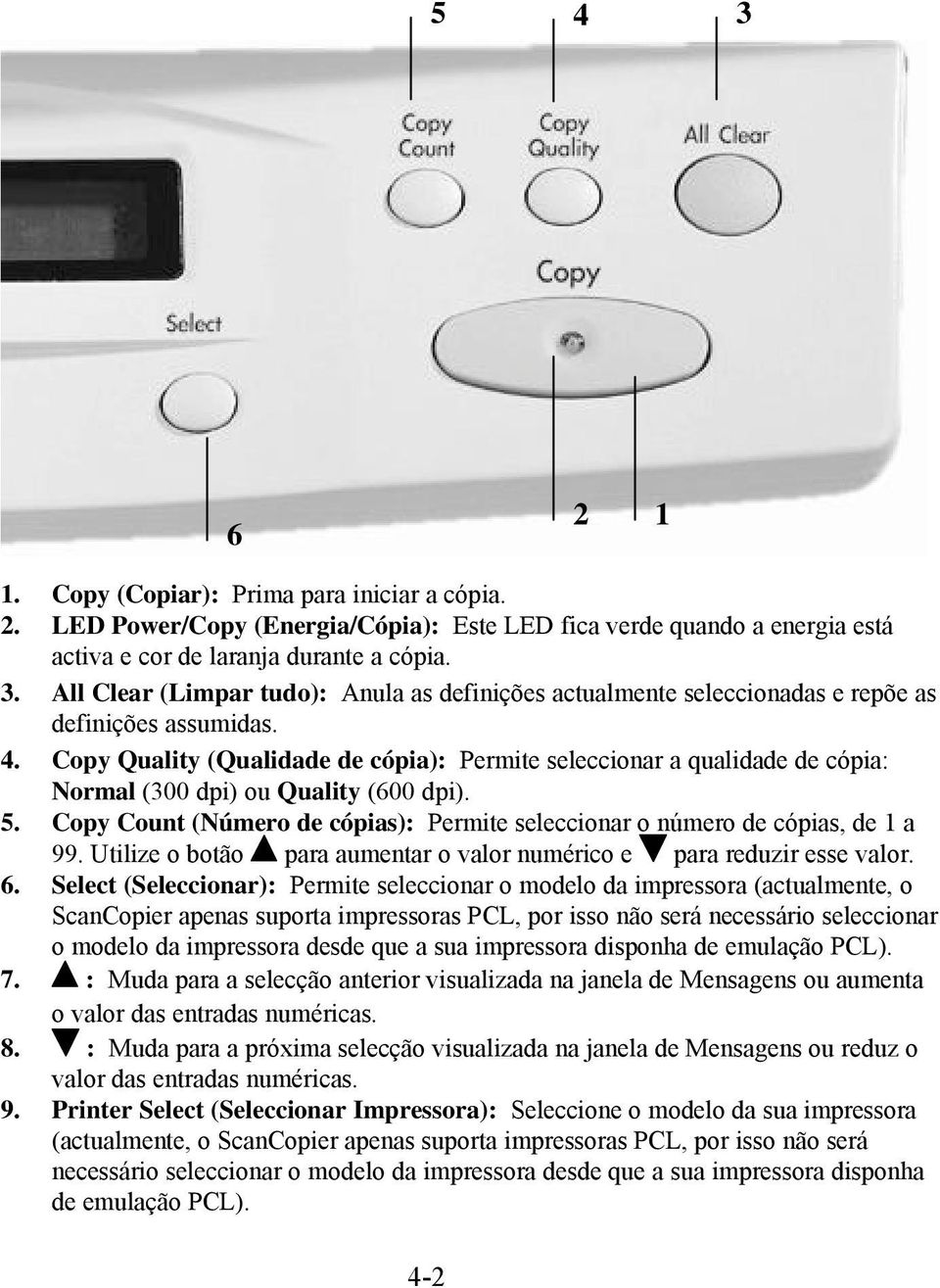 Copy Count (Número de cópias): Permite seleccionar o número de cópias, de 1 a 99. Utilize o botão para aumentar o valor numérico e para reduzir esse valor. 6.