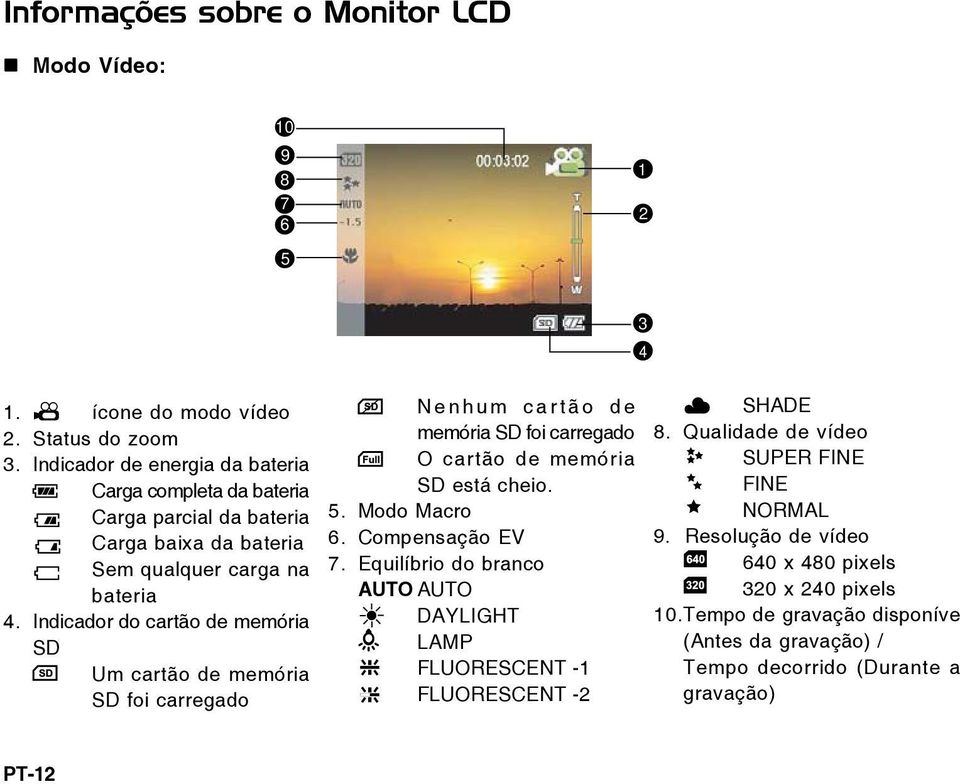 Indicador do cartão de memória SD Um cartão de memória SD foi carregado Nenhum cartão de memória SD foi carregado O cartão de memória SD está cheio. 5. Modo Macro 6.
