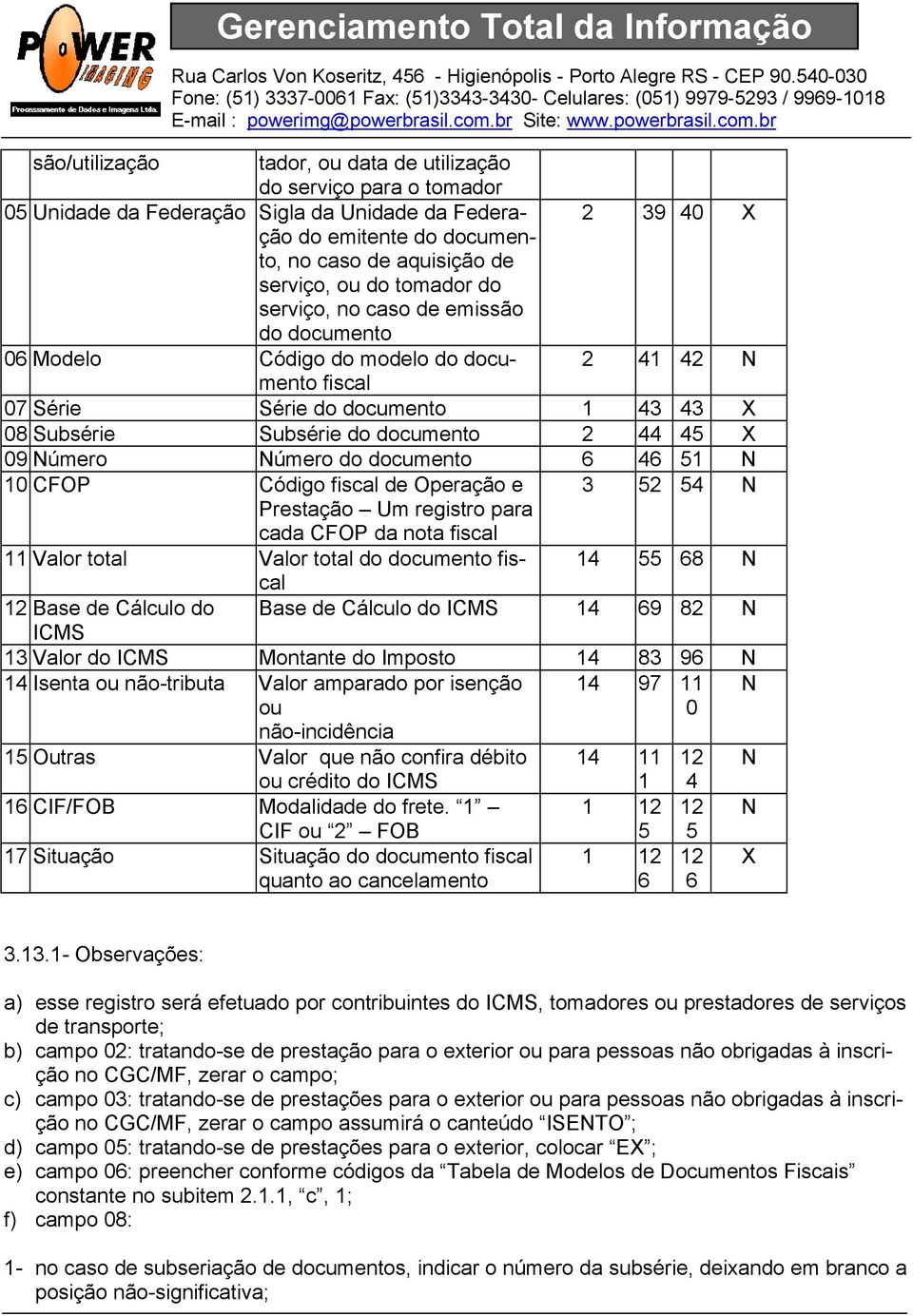 Número do documento 4 51 N 1 CFOP Código fiscal de Operação e 3 52 54 N Prestação Um registro para cada CFOP da nota fiscal 11 Valor total Valor total do documento fiscal 14 55 8 N 12 Base de Cálculo