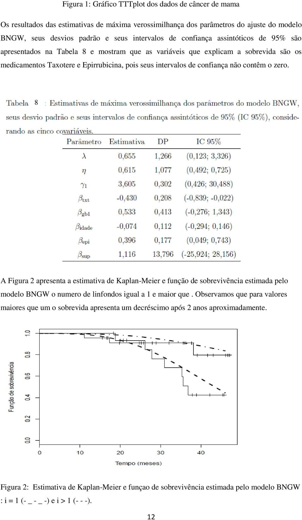 contêm o zero. 8 A Figura 2 apresenta a estimativa de Kaplan-Meier e função de sobrevivência estimada pelo modelo BNGW o numero de linfondos igual a 1 e maior que.