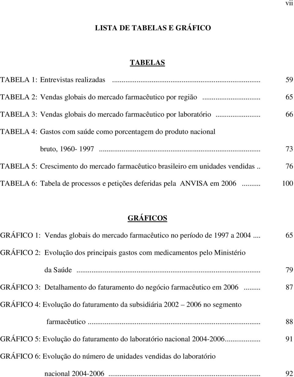 .. 73 TABELA 5: Crescimento do mercado farmacêutico brasileiro em unidades vendidas.. 76 TABELA 6: Tabela de processos e petições deferidas pela ANVISA em 2006.