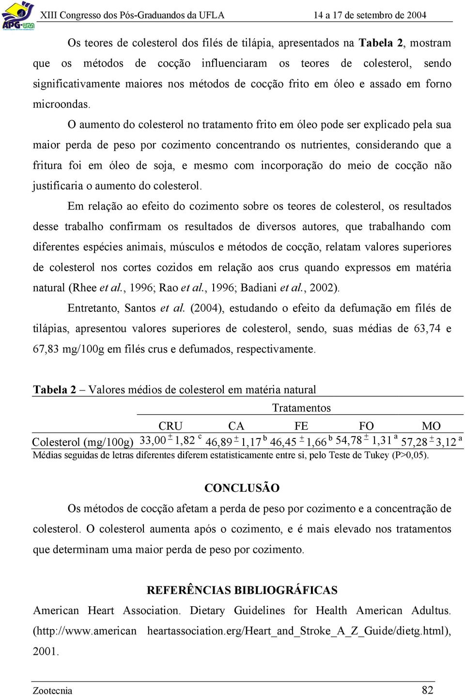 O aumento do colesterol no tratamento frito em óleo pode ser explicado pela sua maior perda de peso por cozimento concentrando os nutrientes, considerando que a fritura foi em óleo de soja, e mesmo