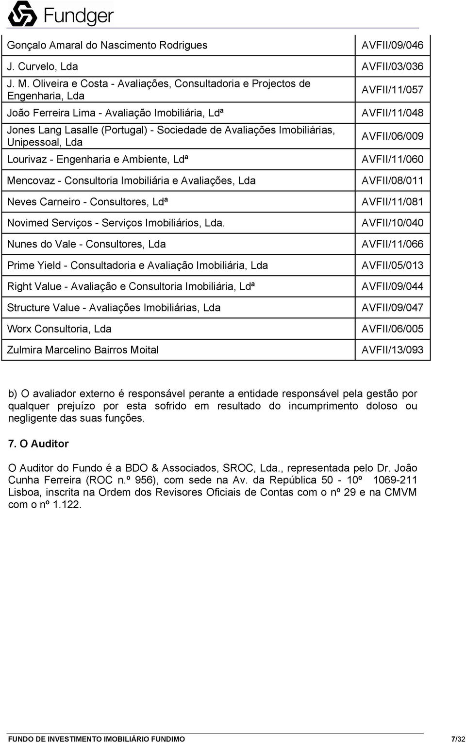 Unipessoal, Lda Lourivaz - Engenharia e Ambiente, Ldª AVFII/11/057 AVFII/11/048 AVFII/06/009 AVFII/11/060 Mencovaz - Consultoria Imobiliária e Avaliações, Lda Neves Carneiro - Consultores, Ldª