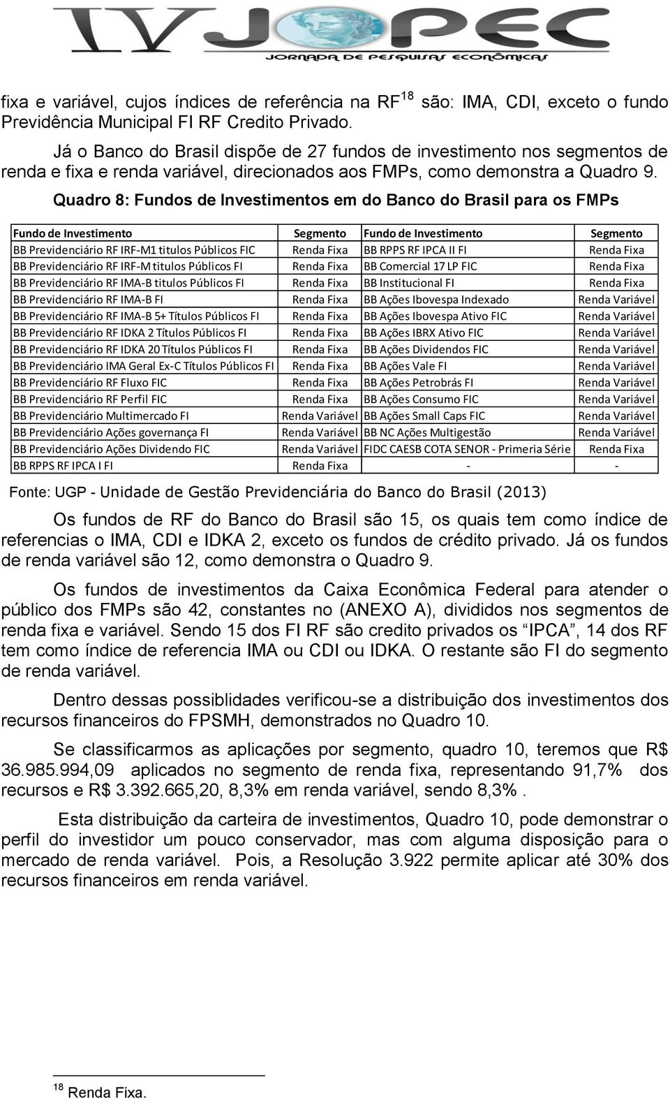 Quadro 8: Fundos de Investimentos em do Banco do Brasil para os FMPs Fundo de Investimento Segmento Fundo de Investimento Segmento BB Previdenciário RF IRF-M1 titulos Públicos FIC Renda Fixa BB RPPS