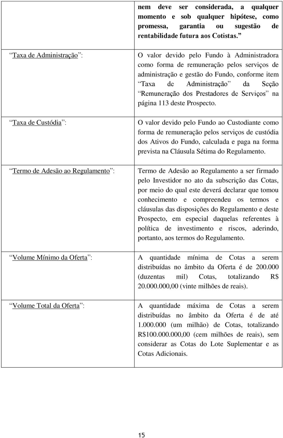 pelos serviços de administração e gestão do Fundo, conforme item Taxa de Administração da Seção Remuneração dos Prestadores de Serviços na página 113 deste Prospecto.