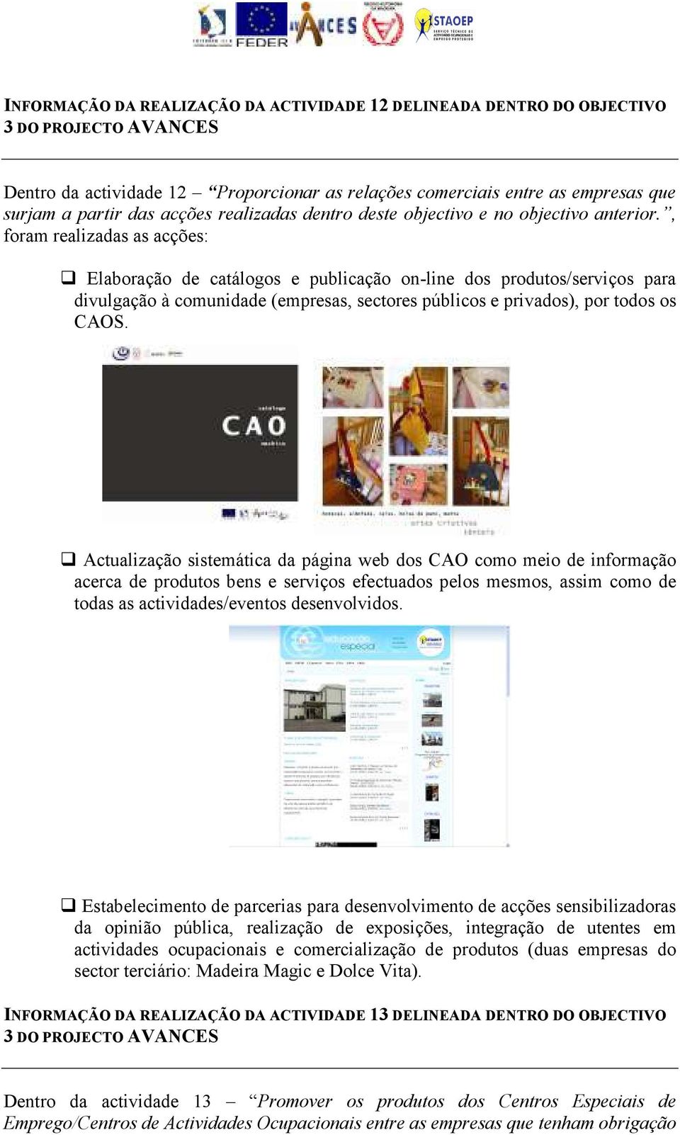 , foram realizadas as acções: Elaboração de catálogos e publicação on-line dos produtos/serviços para divulgação à comunidade (empresas, sectores públicos e privados), por todos os CAOS.
