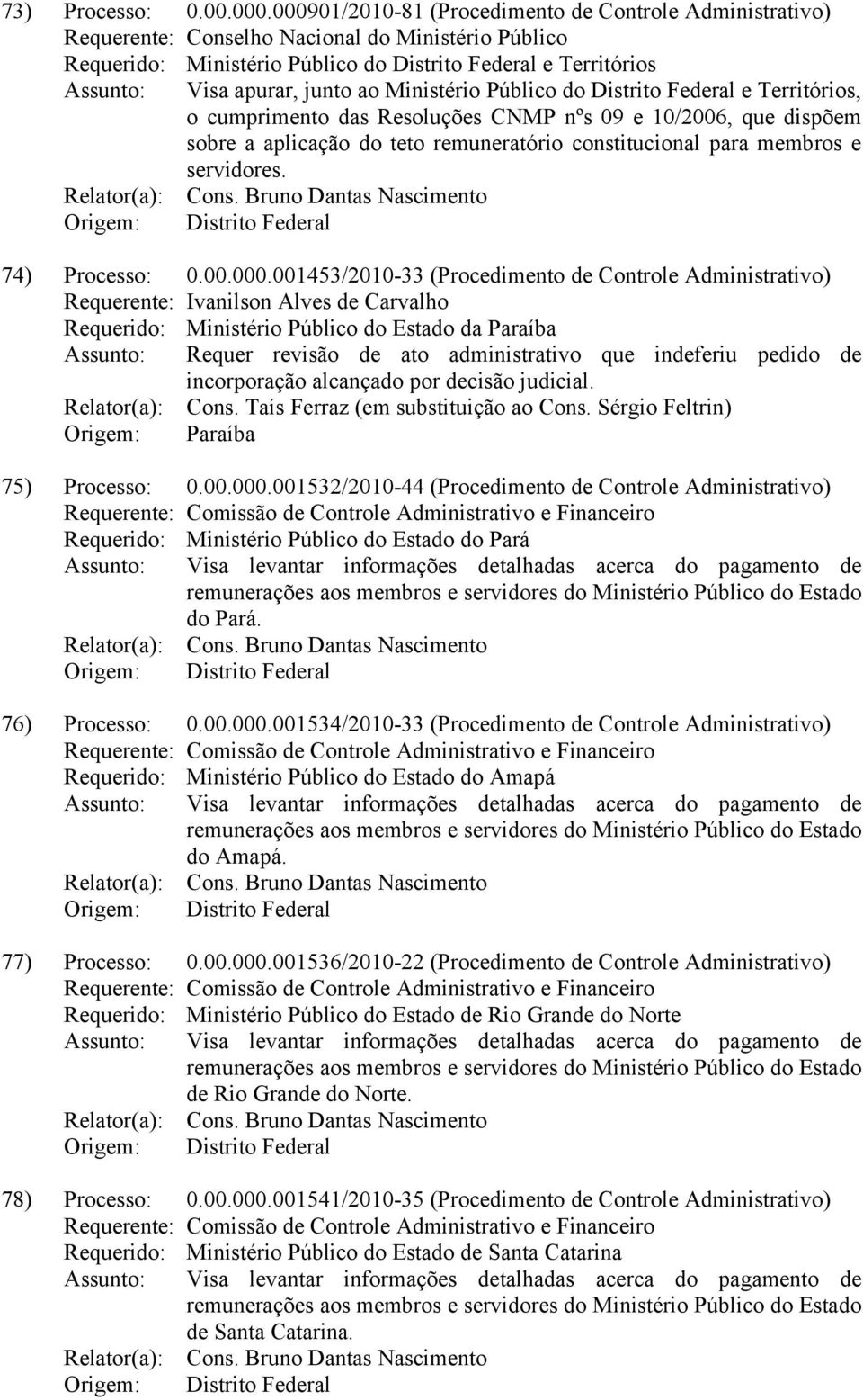 Territórios, o cumprimento das Resoluções CNMP nºs 09 e 10/2006, que dispõem sobre a aplicação do teto remuneratório constitucional para membros e servidores. Relator(a): Cons.