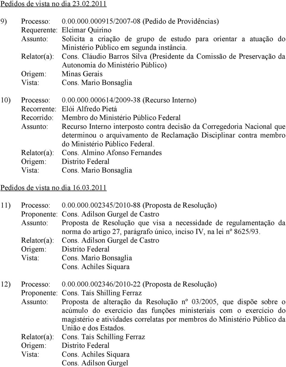 Cláudio Barros Silva (Presidente da Comissão de Preservação da Autonomia do Ministério Público) Origem: Minas Gerais Vista: Cons. Mario Bonsaglia 10) Processo: 0.00.000.