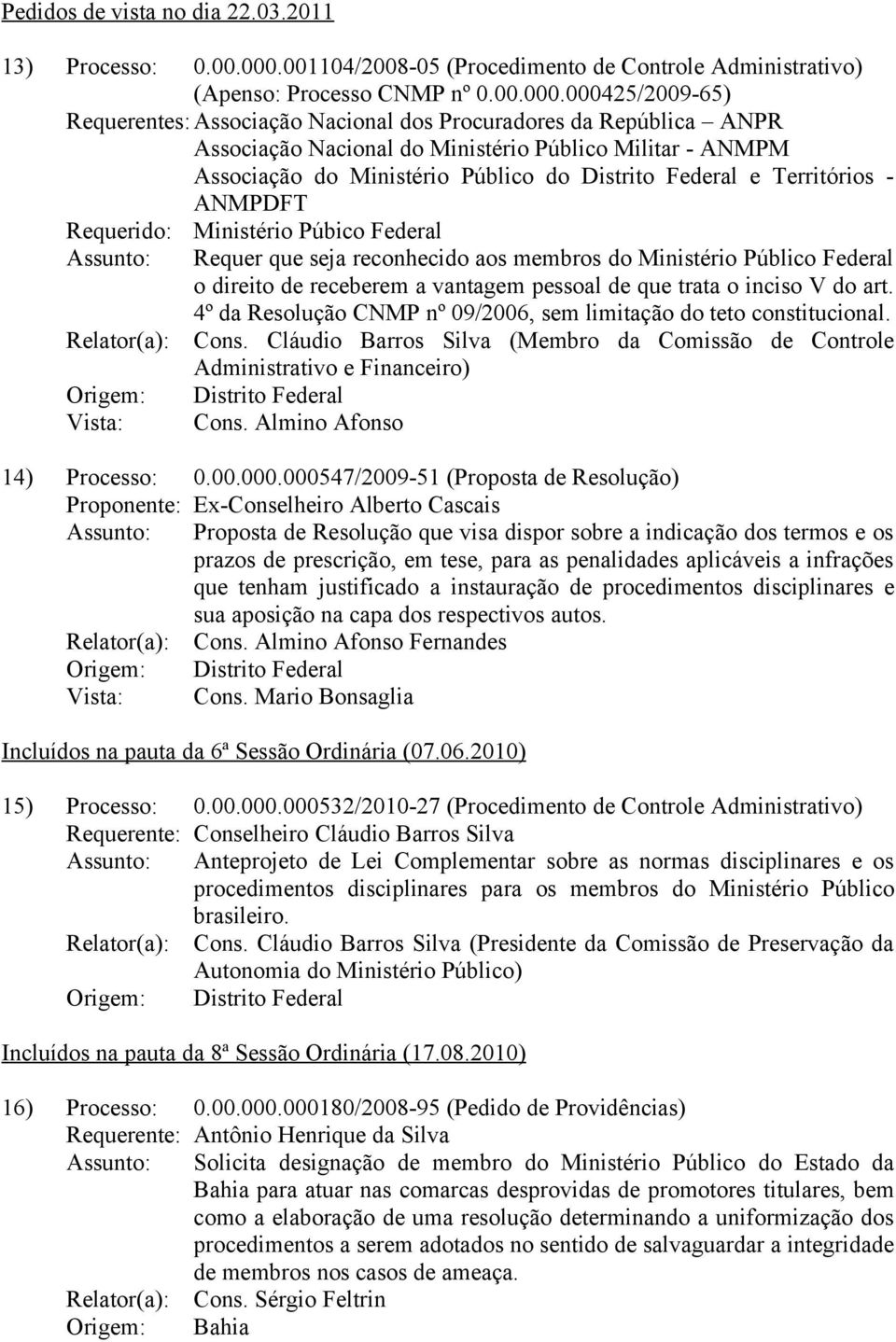 000425/2009-65) Requerentes: Associação Nacional dos Procuradores da República ANPR Associação Nacional do Ministério Público Militar - ANMPM Associação do Ministério Público do Distrito Federal e